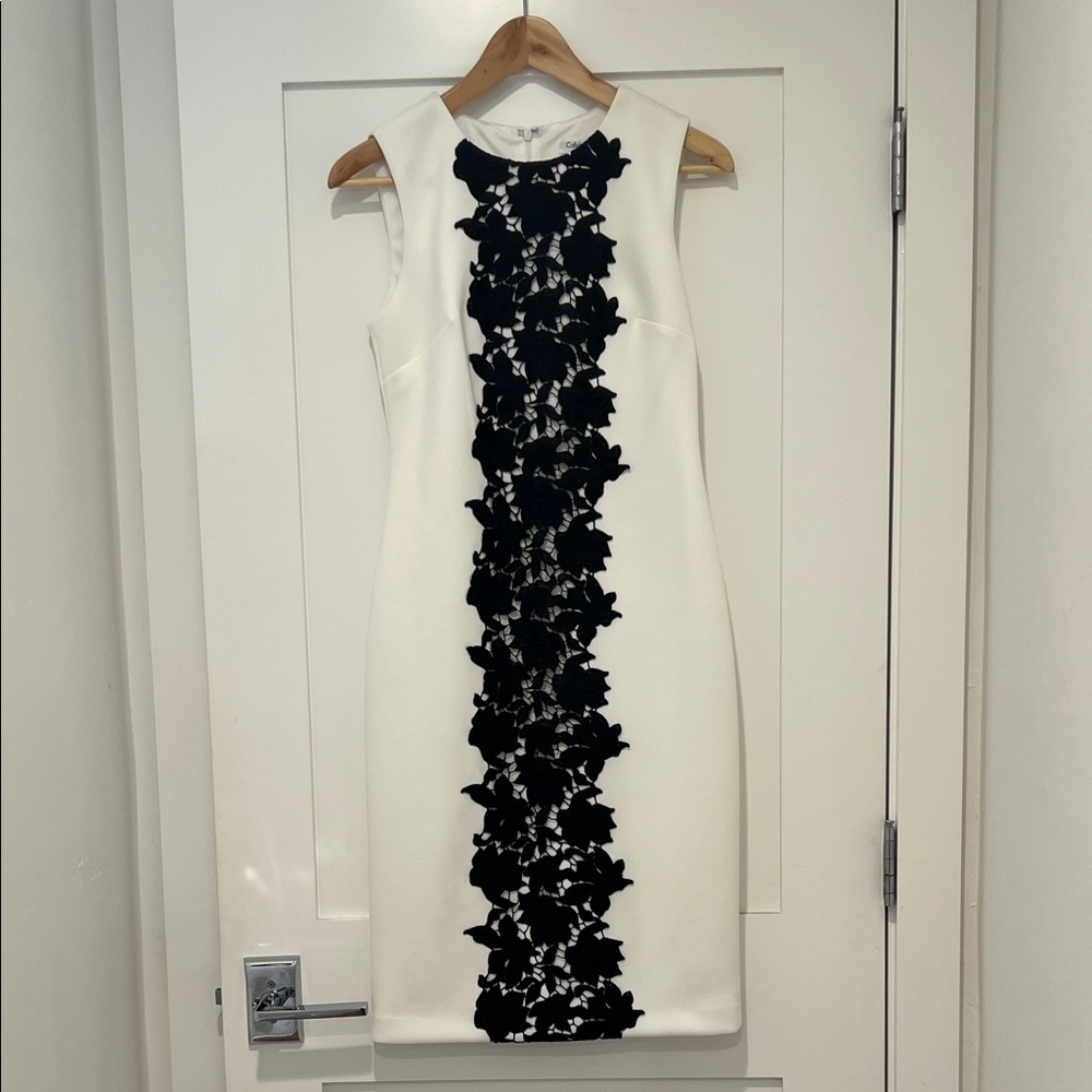 Calvin Klein White Sleeveless Sheath Dress with Black Floral Lace Panel